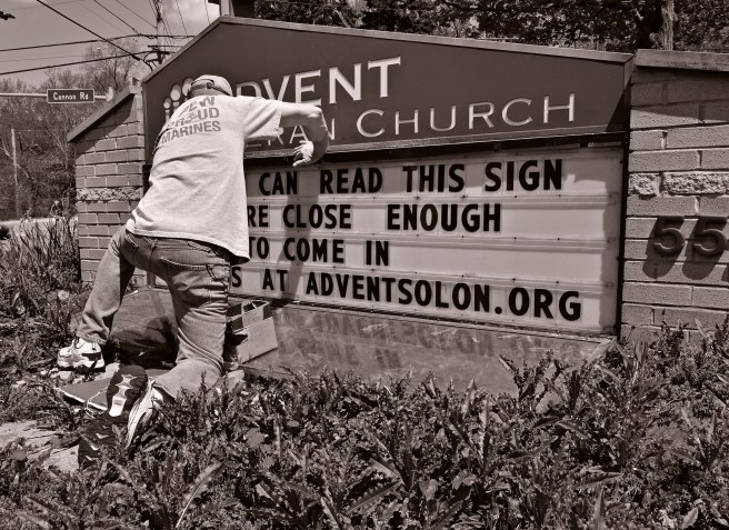 Updating a sign, at a local church in Solon, Ohio.